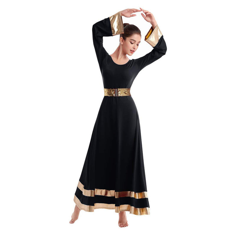 [AUSTRALIA] - IBAKOM Womens Long Sleeve Tunic Robe Worship Praise Liturgical Full Dance Dress Ballet Costume with Sequins Belt Black+gold X-Large 