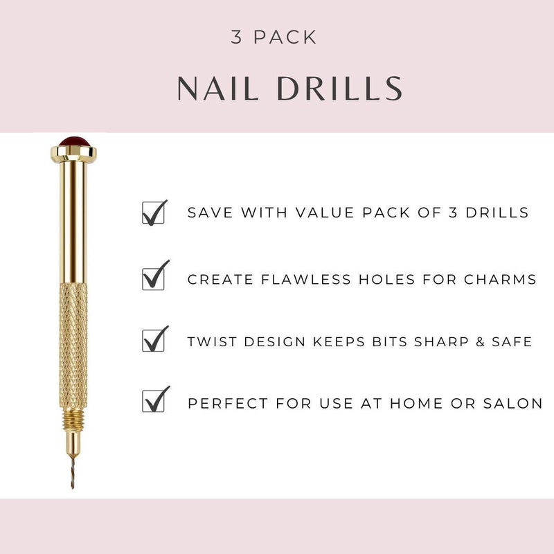 VictorieLei Nail Drill Pack of 3 for Dangle Charm Art Piercing Tool, Gold Hand Drills for Jewelry Rings for Tips, Acrylic, Gels and Decorations - BeesActive Australia