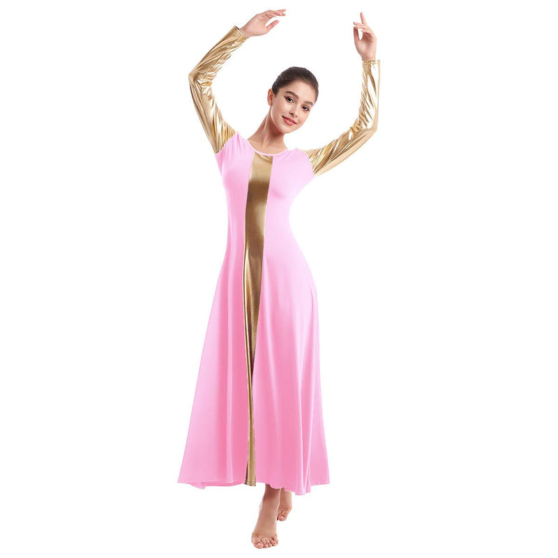 [AUSTRALIA] - IBAKOM Womens Liturgical Praise Worship Dance Dress Loose Fit Full Length Metallic Gold Color Block Tunic Dancewear Pink-gold Medium 