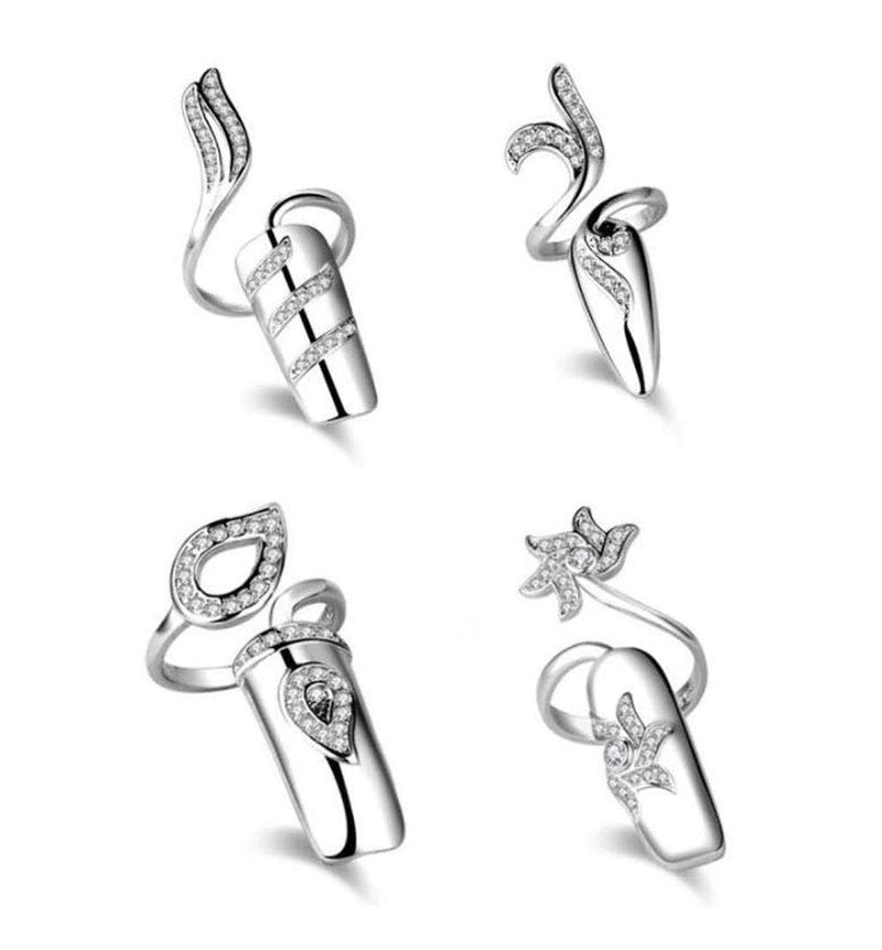 Suoirblss 4 PCS Rhinestone Finger Tip Nail Ring Adjustable Opening Nail Art Charms Accessories Silver Women's Fashion Protecting Fingernail - BeesActive Australia