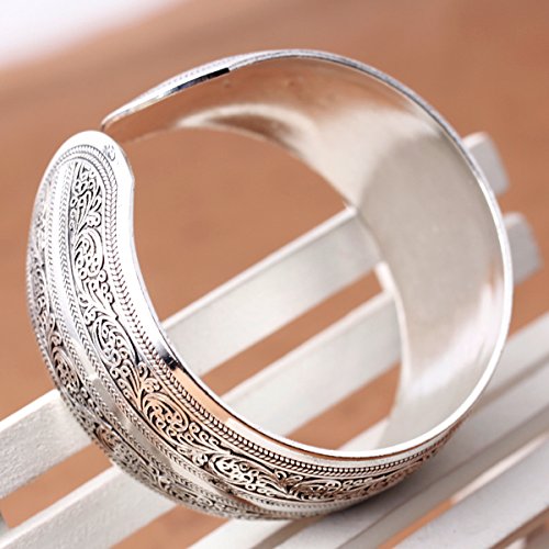 BODYA Tibeten Silver Carved Spiral Flower Connecting Branches Pattern Wide Band Open Cuff Bracelet Bangle - BeesActive Australia