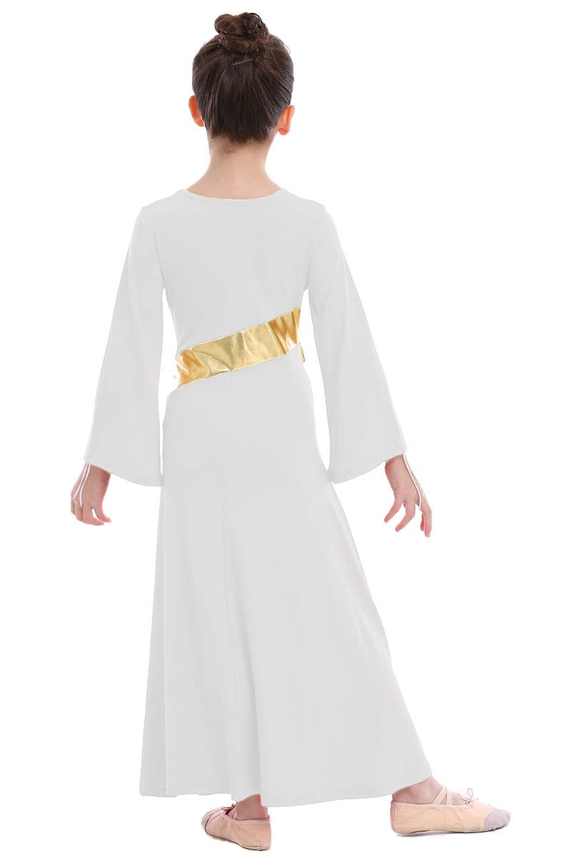 [AUSTRALIA] - MYRISAM Girls Metallic Gold Liturgical Praise Worship Long Sleeve Dress Full Length Loose Fit Ruffle Pleated Dancewear White 14-15 Years 