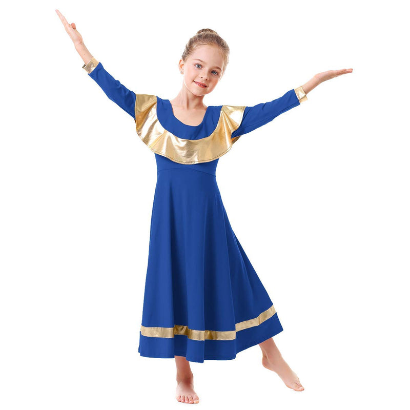 [AUSTRALIA] - Little Big Girls Ruffle Metallic Gold Praise Dance Dresses Kids Long Sleeve Liturgical Lyrical Worship Dress Loose Fit Full Length Maxi Tunic Circle Skirt Dancewear Costume Royal Blue 13-14Y 