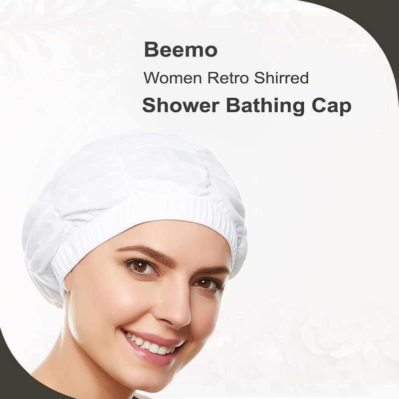 BEEMO Women’s Shower Cap – Shirred Retro Bathing Swim Turban Comfortable Stretch Polyester Turban with Waterproof Liner Protects Hair from Salt or Chlorine with Hidden Rubber Headband White - BeesActive Australia