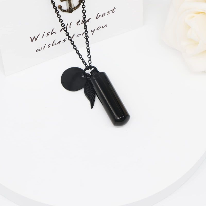 Cylinder Urn Necklace for Ashes Cremation Jewelry for Human Pet Stainless Steel Memorial Keepsake Pendant with Angel Wing Black - BeesActive Australia