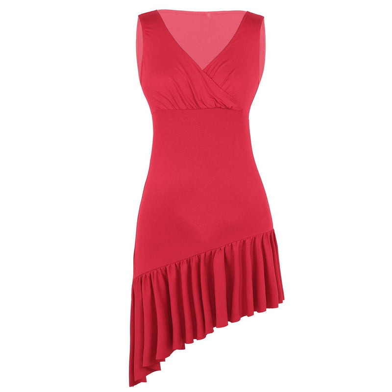 [AUSTRALIA] - TiaoBug Women's Latin Dance Dress Sleeveless V-Neck Ruffled Asymmetric Dancing Costume Red X-Large 