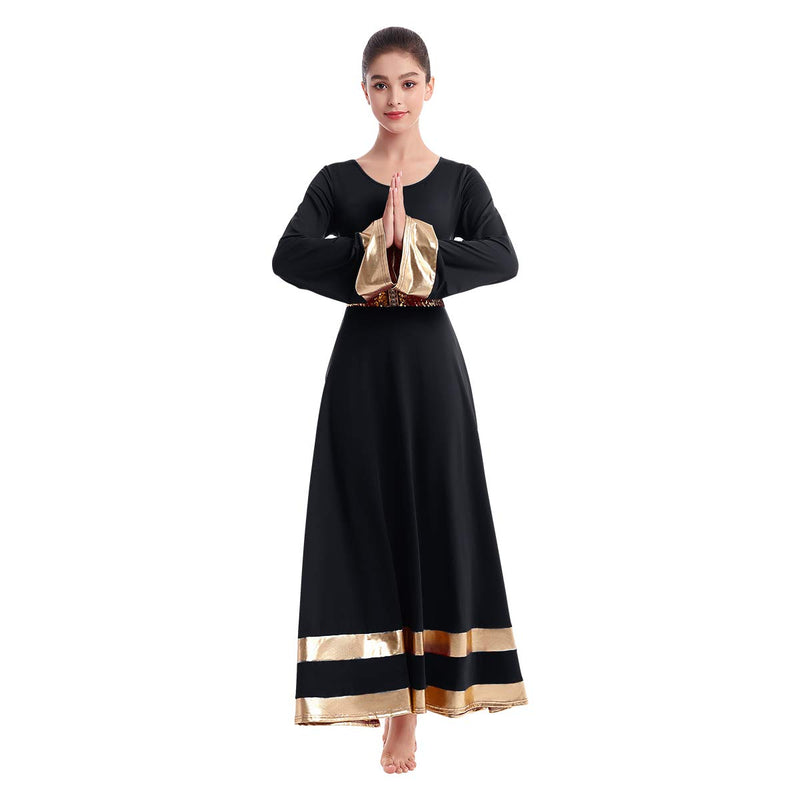 [AUSTRALIA] - IBAKOM Womens Long Sleeve Tunic Robe Worship Praise Liturgical Full Dance Dress Ballet Costume with Sequins Belt Black+gold X-Large 