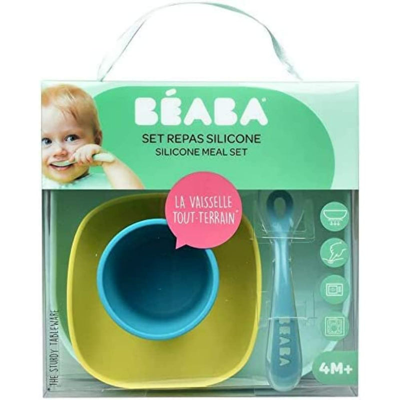 Béaba - Silicone Feeding Meal Set - Set of 4 Pieces : Plate + Bowl + Cup + Spoon - Silicone with Strong Suction pad - Baby and Children - Blue - BeesActive Australia