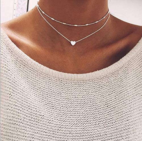 Aetorgc Simple Layered Necklace Chain Love Pendant Necklaces Jewelry for Women and Girls (Silver) Silver - BeesActive Australia