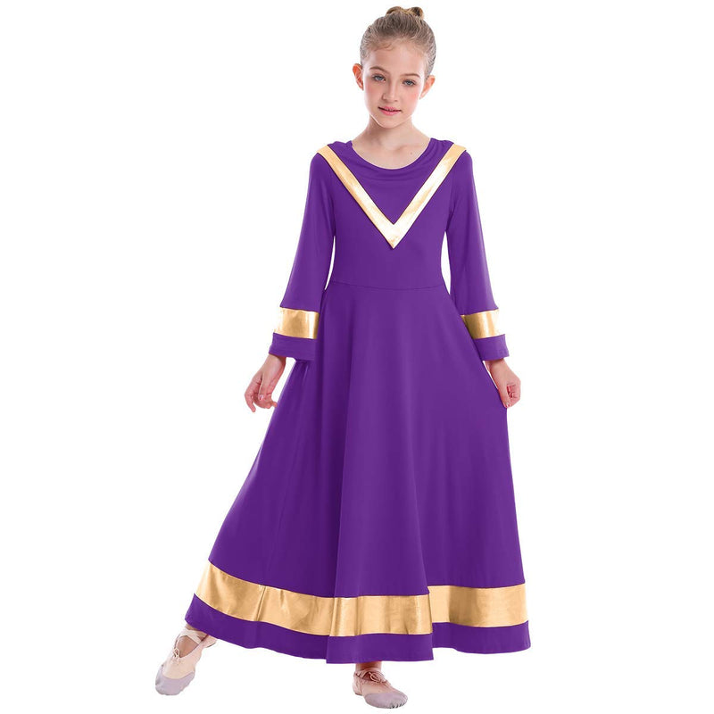 [AUSTRALIA] - IBAKOM Kids Girls V-Neck Worship Robe Liturgical Praise Dance Dress Metallic Loose Fit Full Length Dancewear Tunic Costume 7-8 Years Deep Purple-gold 