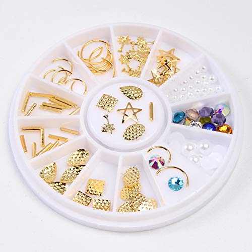 Minejin Nail Art 3D Rivet Metal Studs Mixed Charms Rhinestones Set with Acrylic Shiny Gems Decoration 9 Boxes Kit - BeesActive Australia