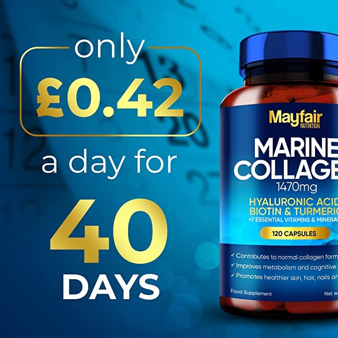 Marine Collagen Tablets - 120 High Strength Capsules - 1470mg Complex with Hyaluronic Acid, Biotin, Turmeric, Vitamin C, E, B2, D3 & 3 Minerals - Hydrolyzed Collagen Supplements for Women - Made in UK 120 Count (Pack of 1) - BeesActive Australia