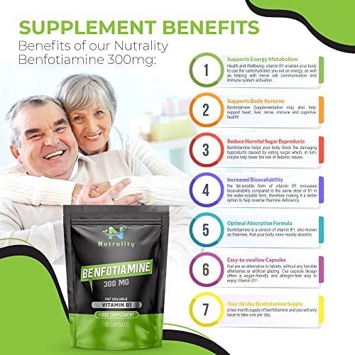 Nutrality Benfotiamine Supplement 300mg 60 Caps - Vitamin B1 Fat-Soluble for Heart, Kidney, Antioxidant Support, Cognitive Improvement, Increase Energy - Suitable for Vegan, Vegetarians, Allergen-free - BeesActive Australia