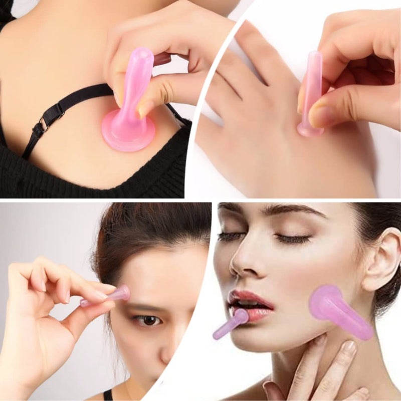 YILINNA 4 Pcs Silicone Facial Cupping Therapy Set Vacuum Massage Cup Kit Body Cupping Cup Set for Face Neck Back Eyes Massage Vacuum Cans Suction Anti Cellulite Massager Health Care (Pink) Pink - BeesActive Australia
