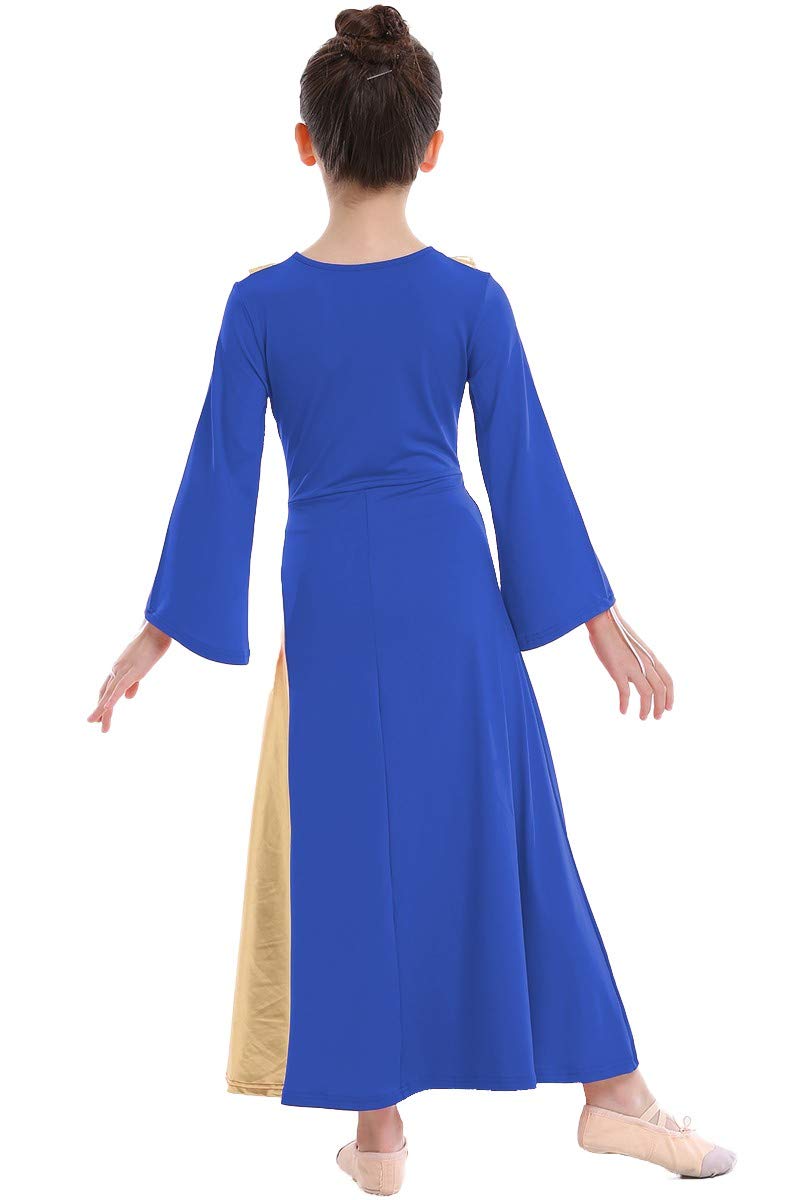 [AUSTRALIA] - REXREII Girls Bell Sleeve V-Shaped Ruffle Worship Praise Dress Bi Color Skirt Full Length Liturgical Lyrical Dancewear Royal Blue 12-13T 