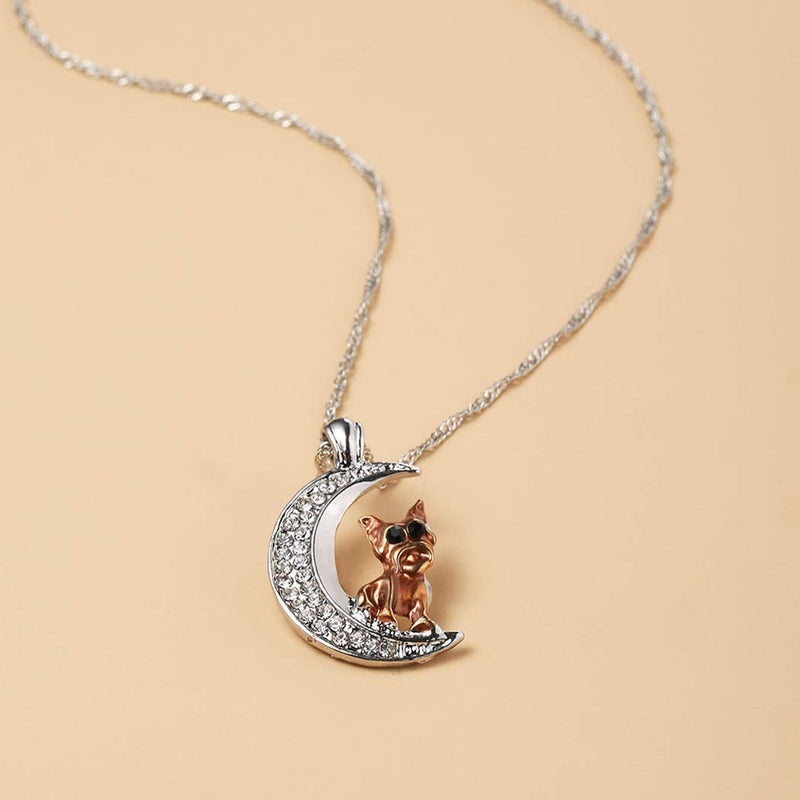 TseanYi Rhinestone Moon Pendant Necklace Silver Crescent with Dog Necklace Choker Cute Necklace Chain Boho Jewelry for Women and Girls - BeesActive Australia