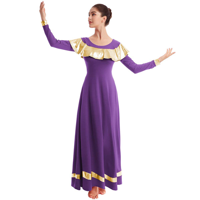 [AUSTRALIA] - IBAKOM Womens Praise Liturgical Worship Dance Dress Ruffle Metallic Gold Color Block Loose Fit Full Length Dancewear Purple+gold XX-Large 