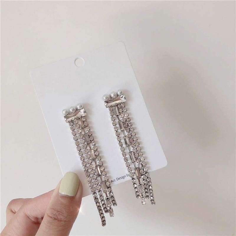 Xerling Rhinestones Crystal Dangle Tassel Earrings Chandelier Drop Fringe Earrings for Women Bridal Wedding Sparkly Pearl Jewelry - BeesActive Australia