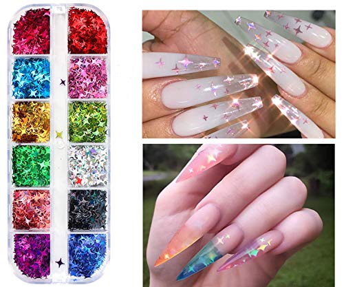 CHANGAR Nail Art Glitter Sequins, 3D Laser Cross Star Nail Paillette Decals Sticker Holographic Four-Angle Star Nail Sparkle Glitter for Manicure Make Up DIY Decals Decoration - BeesActive Australia