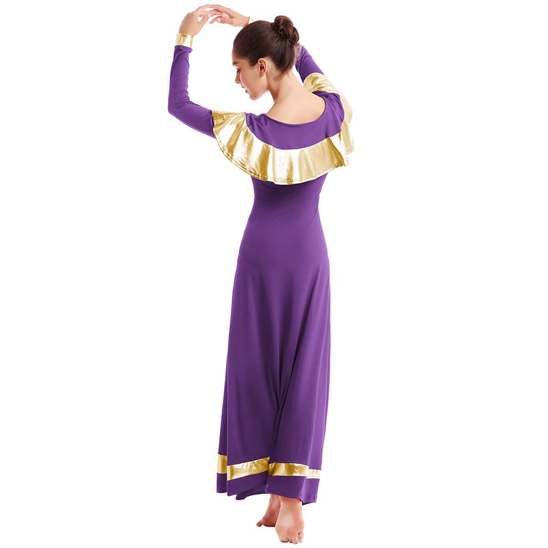 [AUSTRALIA] - IBAKOM Womens Praise Liturgical Worship Dance Dress Ruffle Metallic Gold Color Block Loose Fit Full Length Dancewear Purple+gold XX-Large 