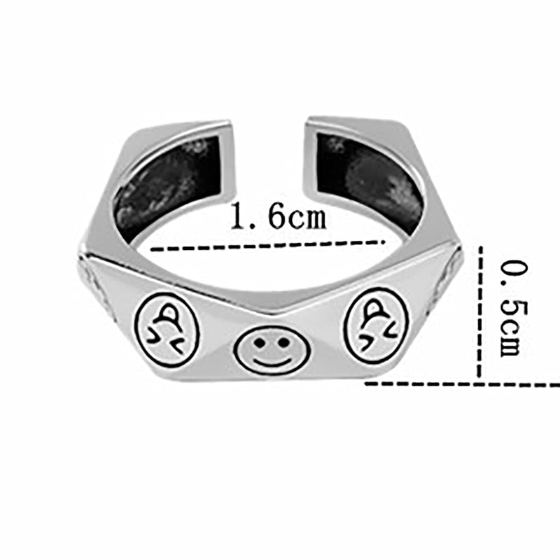 Smiling Face Statement Ring Vintage Smile Band Adjustable Open water chestnut Fashion Ring Jewelry for Women Girls (Silver A) Silver A - BeesActive Australia
