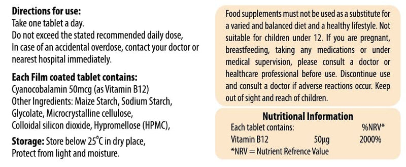 PuroSure Vitamin B12-50 Tablets (7 Weeks Supply) � Cyanocobalamin B12 50mcg Supplement - Contributes to The Reduction of Tiredness and Fatigue - BeesActive Australia