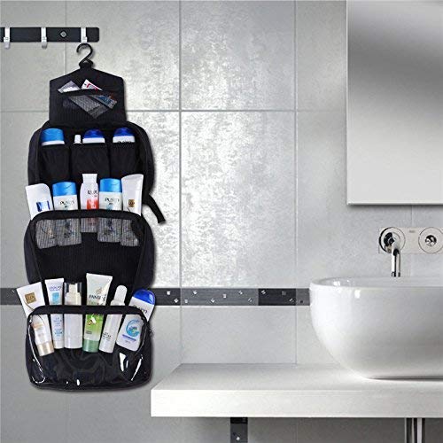 Hanging Toiletry Bag Waterproof, Jiemei Travel Wash Bag for Men & Women with 4 Compartments, Foldable Compact Size, Super Durable Fabric (M, Black) M - BeesActive Australia