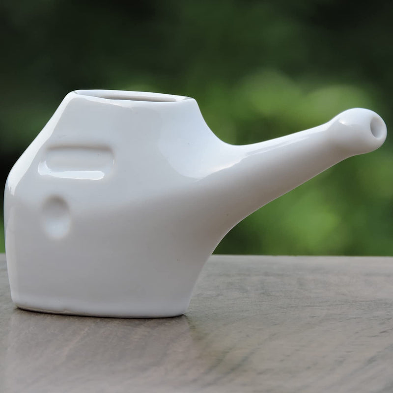 AncientImpex Traveller's Ceramic Neti Pot for Nasal Cleansing with 10 Sachets Neti Salt, White - BeesActive Australia