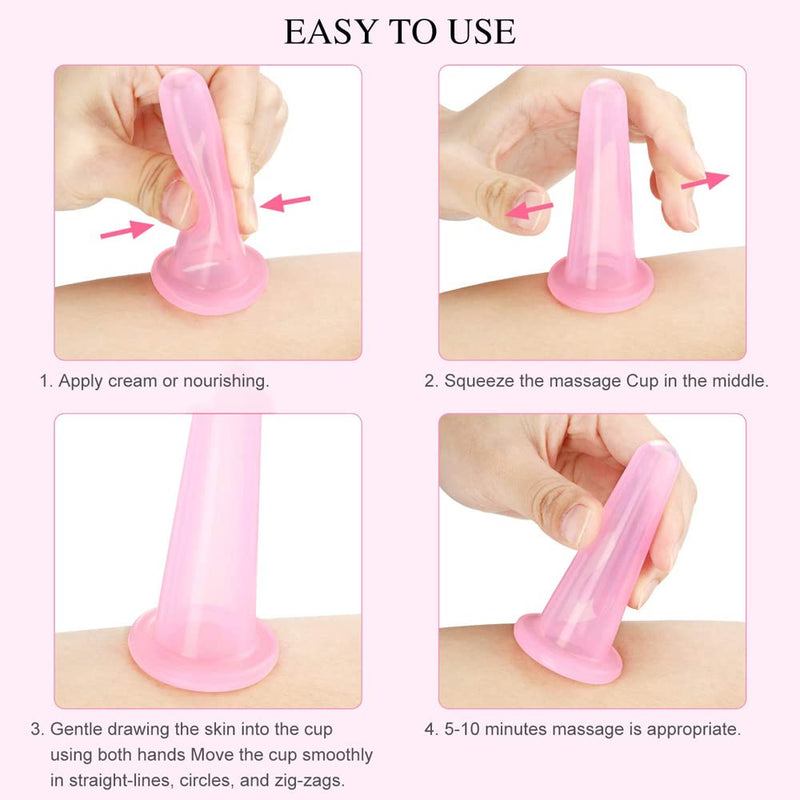 YILINNA 4 Pcs Silicone Facial Cupping Therapy Set Vacuum Massage Cup Kit Body Cupping Cup Set for Face Neck Back Eyes Massage Vacuum Cans Suction Anti Cellulite Massager Health Care (Pink) Pink - BeesActive Australia