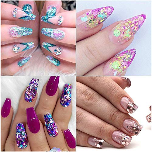 Holographic Nail Art Glitter Acrylic Nail Sequins Mixed Powder Iridescent Flakes Laser Sparkles Nail Tips Decor Crafts Festival for Women Girls DIY Design 6 Boxes - BeesActive Australia