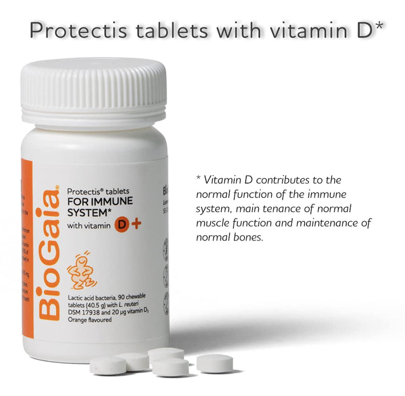 BIOGAIA Protectis Probiotic Chewable Vitamin D3 Tablets, Orange Flavoured, 90 Pieces, for The Whole Family 90 Count (Pack of 1) - BeesActive Australia