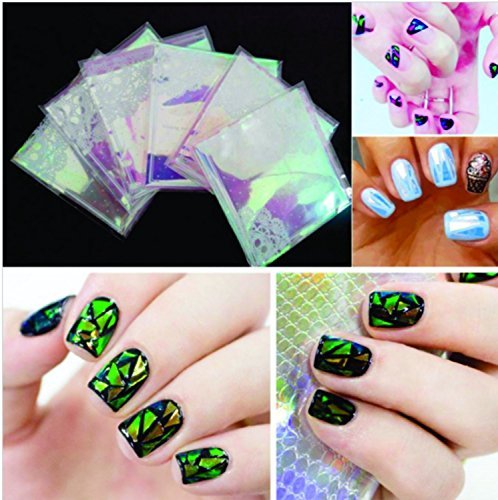 AKOAK 6 Colors Fashion Punk Transfer Foil Sticker Reflective Mirror Design Broken Glass sticker colorful Laser Aurora Cellophane DIY Nail Art Stencil Decal Stickers - BeesActive Australia