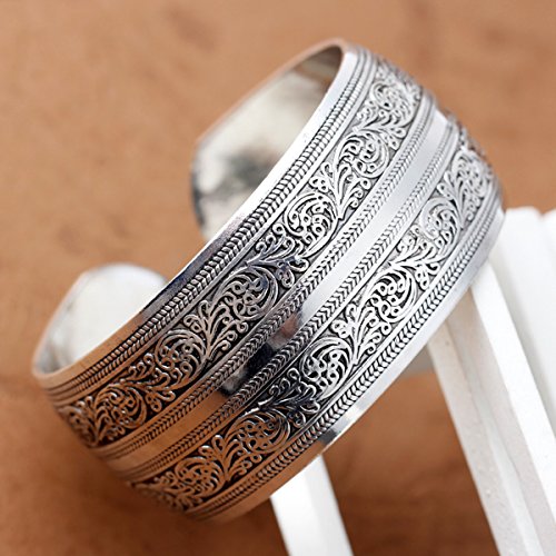 BODYA Tibeten Silver Carved Spiral Flower Connecting Branches Pattern Wide Band Open Cuff Bracelet Bangle - BeesActive Australia
