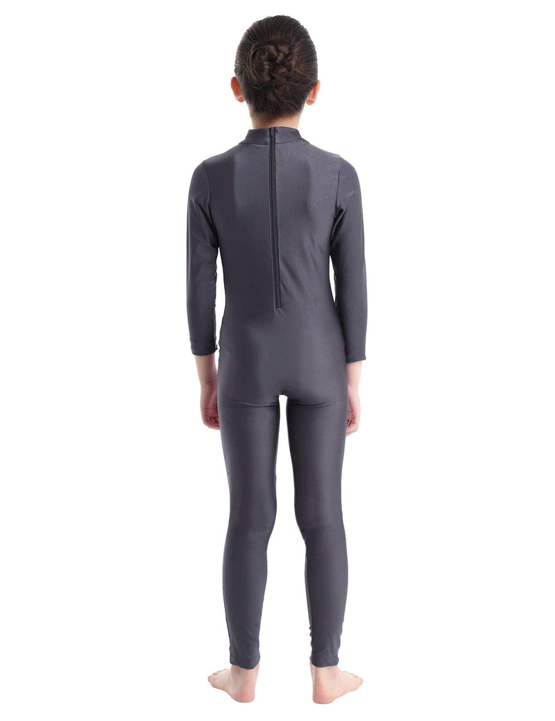 [AUSTRALIA] - dPois Kids Girls' Long Sleeves Full Length Gymnastics Workout Jumpsuit Leotard Catsuit with Back Zipper Dark Gray 5-6 