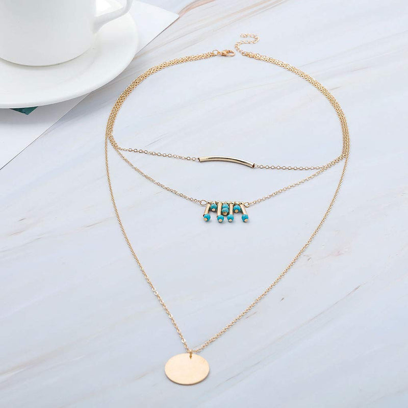 Yalice Layered Turquoise Necklace Chain Round Disc Pendant Necklaces Jewelry for Women and Girls Gold - BeesActive Australia