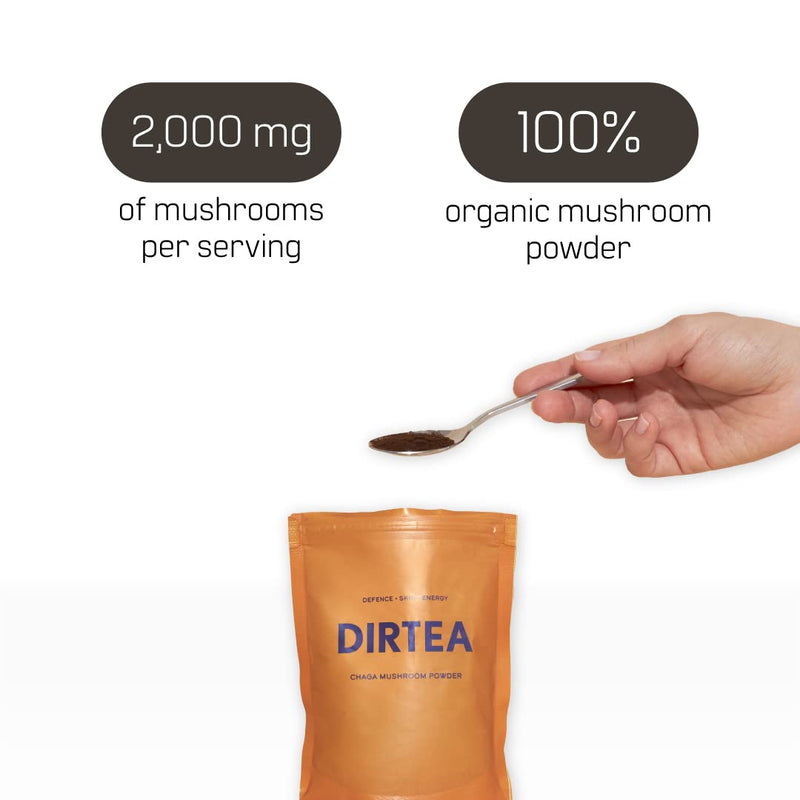 DIRTEA Chaga Mushroom Powder Pouch 60g - 30 Day Serving - Organic Caffeine Free Coffee Alternative - with Antioxidants & Vitamin D - Immunity, Healthy Skin & Hair - for Mushroom Tea - Vegan & Non-GMO - BeesActive Australia