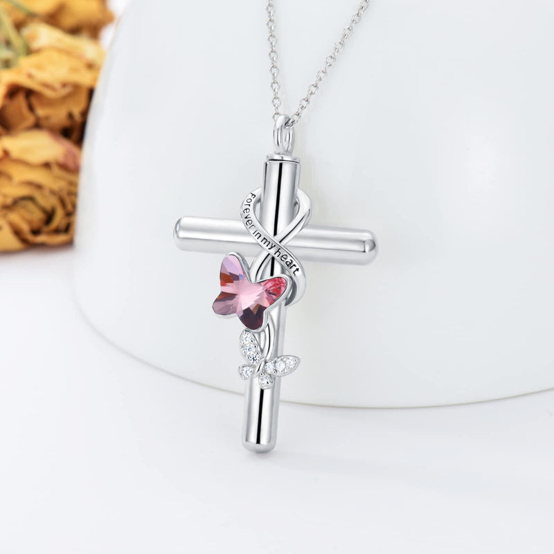Flpruy 925 Sterling Silver Cross Urn Necklace for Ashes [Butterfly,Dragonfly,Bee,Hummingbird,Ladybug,Sunflower,Paw,Life of Tree] Cremation Necklace for Women Pets A_Pink Butterfly Urn Necklace - BeesActive Australia