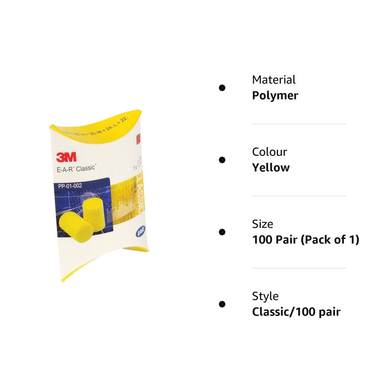 3M E-A-R™ Classic™ Earplugs PP01002 Pillowpack 100 Pairs Yellow 100 Pair (Pack of 1) - BeesActive Australia