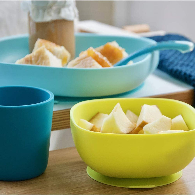 Béaba - Silicone Feeding Meal Set - Set of 4 Pieces : Plate + Bowl + Cup + Spoon - Silicone with Strong Suction pad - Baby and Children - Blue - BeesActive Australia