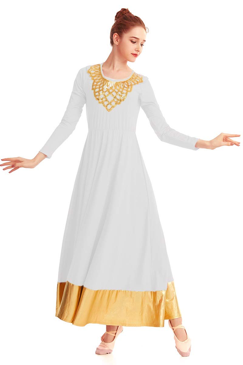 [AUSTRALIA] - REXREII Womens Praise Worship Dress Long Sleeve Gold Flower Collar Bi Color Circle Skirt Liturgical Lyrical Dancewear # White X-Large 