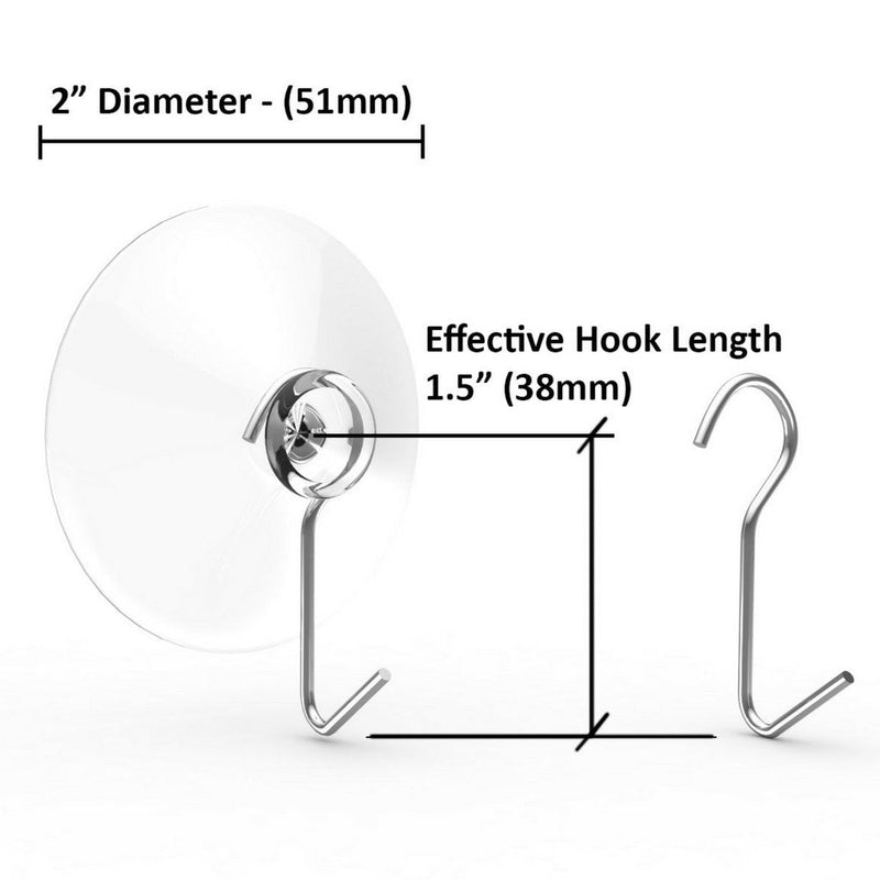 Suction Cup Hooks, Set of 6, 2" Clear Heavy Duty Cups W/ Stainless Hook, Best for Shower, Bathroom, Kitchen, & Windows - Super Strong Pads Makes Them Perfect for Outdoor Use On Wreaths & Bird Feeders - BeesActive Australia