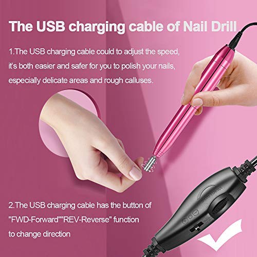 Portable Electric Nail Drill Kit,USB Professional Nail Drill Machine for Acrylic,Gel Nails,Polishing Shape Tools for Home Salon Use,Nail File with Changeable Drills Bits and Sand Bands Rose Pink - BeesActive Australia