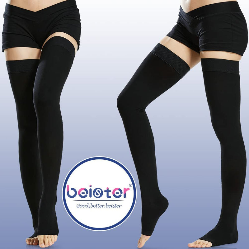 Beister Medical Open Toe Thigh High Compression Stockings with Silicone Band for Women & Men, Firm 20-30 mmHg Graduated Support for Varicose Veins, Edema, Flight （2 in a Pack，Not Two Pairs） Black 4X-Large - BeesActive Australia