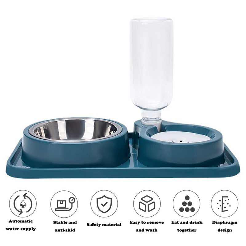 Double Dog Cat Bowls, 2 in1 Pet Water and Food Bowl Set with Automatic Gravity Water Dispenser Bottle Detachable Stainless Steel Bowl No-Spill for Cats and Dogs Puppy Kitten Rabbit Blue Capacity Water Bottle: 500ML - BeesActive Australia