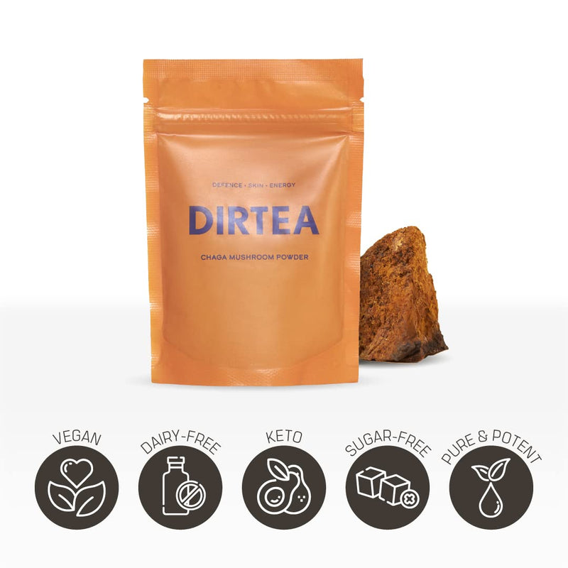 DIRTEA Chaga Mushroom Powder Pouch 60g - 30 Day Serving - Organic Caffeine Free Coffee Alternative - with Antioxidants & Vitamin D - Immunity, Healthy Skin & Hair - for Mushroom Tea - Vegan & Non-GMO - BeesActive Australia