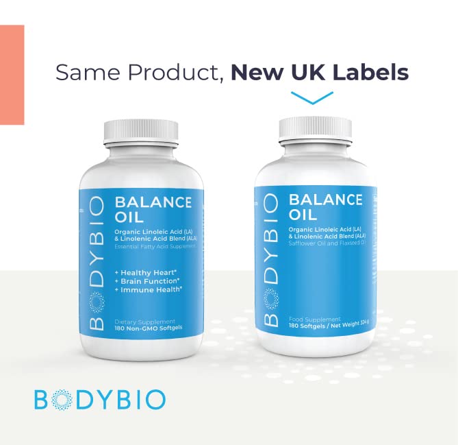 BodyBio Omega 3 + 6 | Essential Fatty Acids | Safflower and Flax Seed Oil Blend | Cold Pressed | LA & ALA Fatty Acid | Balance Oil 180 Softgels, Brown - BeesActive Australia