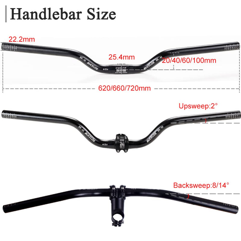 BUCKLOS 25.4mm Mountain Bike Handlebars Rise 20/40/60/100mm Aluminum Alloy MTB Riser Handlebars, Suitable for Cycling Racing XC DH Bicycle - BeesActive Australia