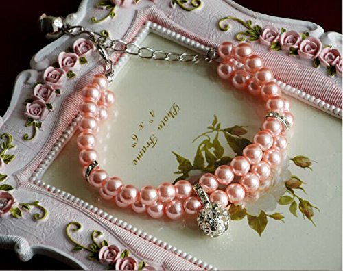 PETFAVORITES Luxury 2 Row Pearls Rhinestones Pet Cat Dog Necklace Collar Jewelry with Bling Crystal Ball Charm Pendant for Pets Cats Small Dogs Female Puppy Chihuahua Yorkie Girls Costume Outfits Neck Size:12"-14" Pink - BeesActive Australia