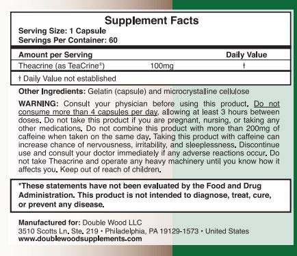 Theacrine (Teacrine) 100 Mg, 60 Capsules - Energy and Focus Supplement (Similar to Caffeine Pills but More Subtle and Longer Lasting) Manufactured and Third Party Tested in The USA by Double Wood - BeesActive Australia
