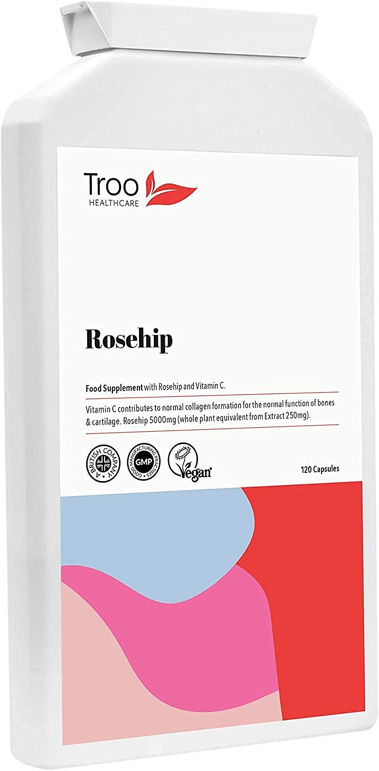 Rosehip Supplements 5000mg with Vitamin C to Support Bones, Cartilage and Collagen Formation - 120 Capsules - High Strength 5000 mg Rosacanina - Up to 4 Months Supply UK Manufactured to GMP Standards - BeesActive Australia